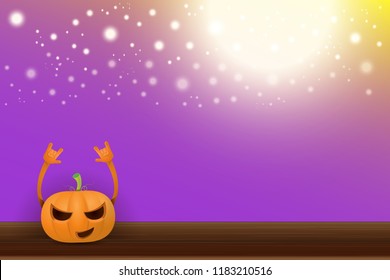 vector halloween funky rock n roll style cartoon carved pumpkin character with isolated on violet horizontal banner background with blur and light. Happy halloween party concept poster