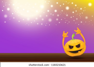 vector halloween funky rock n roll style cartoon carved pumpkin character with isolated on violet horizontal banner background with blur and light. Happy halloween party concept poster