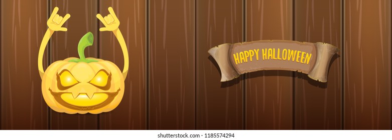 vector halloween funky rock n roll style cartoon carved pumpkin character isolated on dark wooden wall horizontal banner background . Happy halloween party concept poster