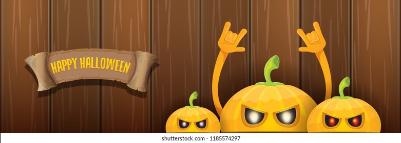 vector halloween funky rock n roll style cartoon carved pumpkin character isolated on dark wooden wall horizontal banner background . Happy halloween party concept poster