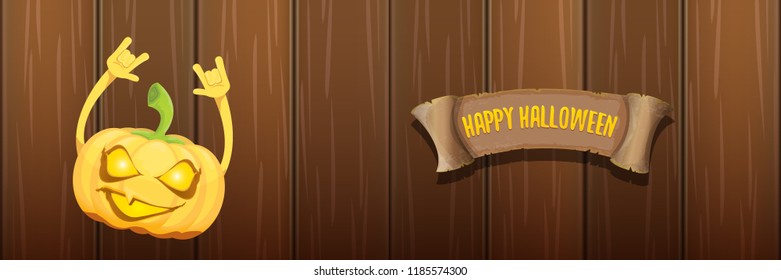 vector halloween funky rock n roll style cartoon carved pumpkin character isolated on dark wooden wall horizontal banner background . Happy halloween party concept poster