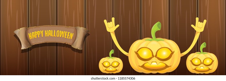 vector halloween funky rock n roll style cartoon carved pumpkin character isolated on dark wooden wall horizontal banner background . Happy halloween party concept poster