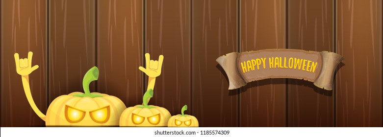 vector halloween funky rock n roll style cartoon carved pumpkin character isolated on dark wooden wall horizontal banner background . Happy halloween party concept poster