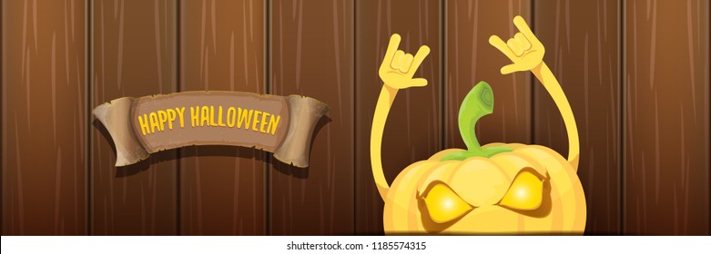 vector halloween funky rock n roll style cartoon carved pumpkin character isolated on dark wooden wall horizontal banner background . Happy halloween party concept poster