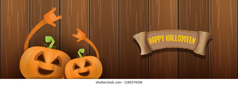 vector halloween funky rock n roll style cartoon carved pumpkin character isolated on dark wooden wall horizontal banner background . Happy halloween party concept poster