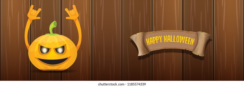 vector halloween funky rock n roll style cartoon carved pumpkin character isolated on dark wooden wall horizontal banner background . Happy halloween party concept poster