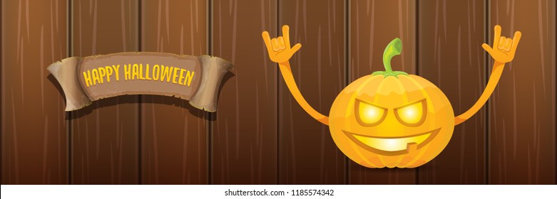 vector halloween funky rock n roll style cartoon carved pumpkin character isolated on dark wooden wall horizontal banner background . Happy halloween party concept poster