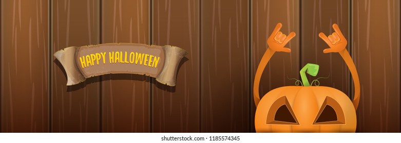 vector halloween funky rock n roll style cartoon carved pumpkin character isolated on dark wooden wall horizontal banner background . Happy halloween party concept poster