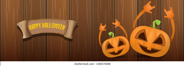 vector halloween funky rock n roll style cartoon carved pumpkin character isolated on dark wooden wall horizontal banner background . Happy halloween party concept poster
