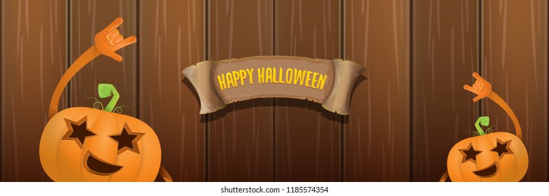 vector halloween funky rock n roll style cartoon carved pumpkin character isolated on dark wooden wall horizontal banner background . Happy halloween party concept poster