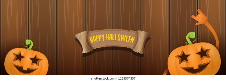 vector halloween funky rock n roll style cartoon carved pumpkin character isolated on dark wooden wall horizontal banner background . Happy halloween party concept poster