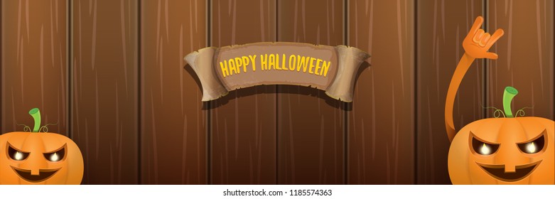 vector halloween funky rock n roll style cartoon carved pumpkin character isolated on dark wooden wall horizontal banner background . Happy halloween party concept poster