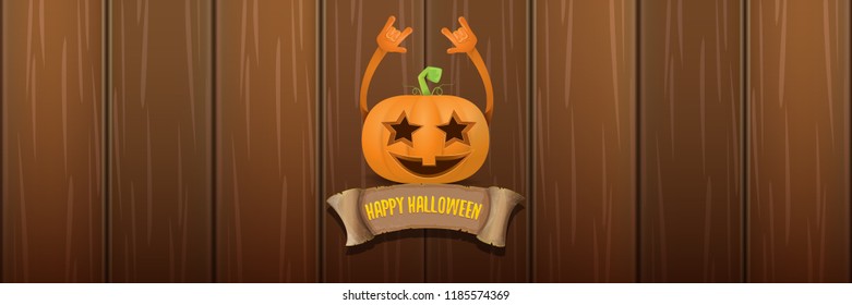 vector halloween funky rock n roll style cartoon carved pumpkin character isolated on dark wooden wall horizontal banner background . Happy halloween party concept poster