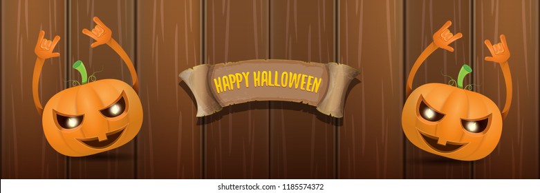 vector halloween funky rock n roll style cartoon carved pumpkin character isolated on dark wooden wall horizontal banner background . Happy halloween party concept poster