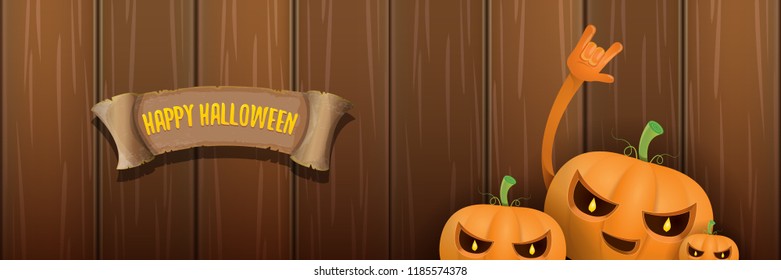 vector halloween funky rock n roll style cartoon carved pumpkin character isolated on dark wooden wall horizontal banner background . Happy halloween party concept poster