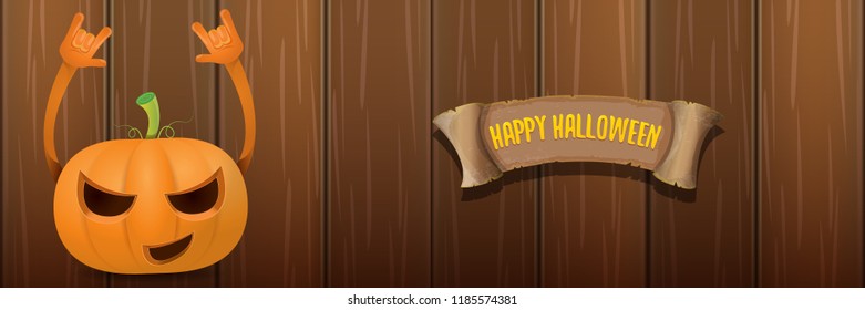 vector halloween funky rock n roll style cartoon carved pumpkin character isolated on dark wooden wall horizontal banner background . Happy halloween party concept poster