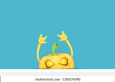 vector halloween funky rock n roll style cartoon carved pumpkin character isolated on azure wall horizontal banner background with space gor text . Happy halloween party concept poster