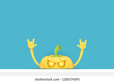 vector halloween funky rock n roll style cartoon carved pumpkin character isolated on azure wall horizontal banner background with space gor text . Happy halloween party concept poster