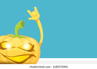 vector halloween funky rock n roll style cartoon carved pumpkin character isolated on azure wall horizontal banner background with space gor text . Happy halloween party concept poster