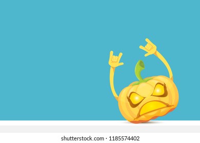 vector halloween funky rock n roll style cartoon carved pumpkin character isolated on azure wall horizontal banner background with space gor text . Happy halloween party concept poster