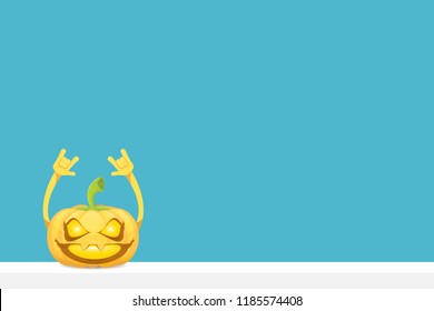 vector halloween funky rock n roll style cartoon carved pumpkin character isolated on azure wall horizontal banner background with space gor text . Happy halloween party concept poster