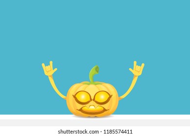 vector halloween funky rock n roll style cartoon carved pumpkin character isolated on azure wall horizontal banner background with space gor text . Happy halloween party concept poster