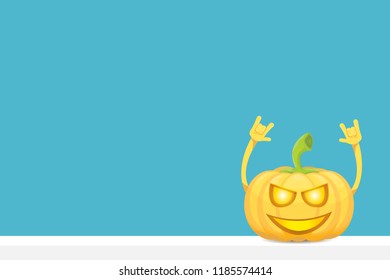 vector halloween funky rock n roll style cartoon carved pumpkin character isolated on azure wall horizontal banner background with space gor text . Happy halloween party concept poster