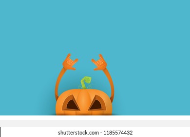 vector halloween funky rock n roll style cartoon carved pumpkin character isolated on azure wall horizontal banner background with space gor text . Happy halloween party concept poster