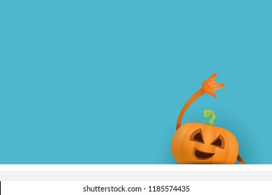 vector halloween funky rock n roll style cartoon carved pumpkin character isolated on azure wall horizontal banner background with space gor text . Happy halloween party concept poster