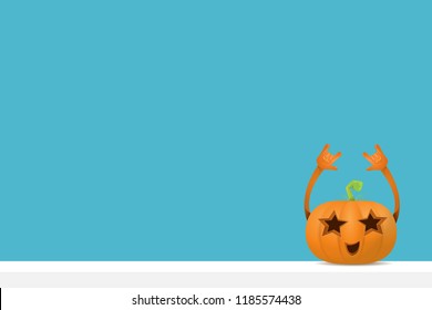 vector halloween funky rock n roll style cartoon carved pumpkin character isolated on azure wall horizontal banner background with space gor text . Happy halloween party concept poster
