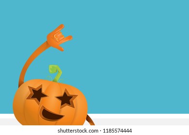 vector halloween funky rock n roll style cartoon carved pumpkin character isolated on azure wall horizontal banner background with space gor text . Happy halloween party concept poster