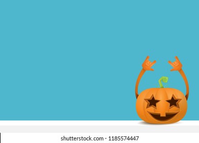 vector halloween funky rock n roll style cartoon carved pumpkin character isolated on azure wall horizontal banner background with space gor text . Happy halloween party concept poster