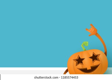 vector halloween funky rock n roll style cartoon carved pumpkin character isolated on azure wall horizontal banner background with space gor text . Happy halloween party concept poster