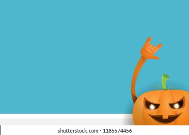 vector halloween funky rock n roll style cartoon carved pumpkin character isolated on azure wall horizontal banner background with space gor text . Happy halloween party concept poster