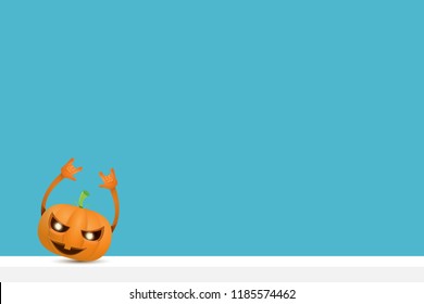 vector halloween funky rock n roll style cartoon carved pumpkin character isolated on azure wall horizontal banner background with space gor text . Happy halloween party concept poster
