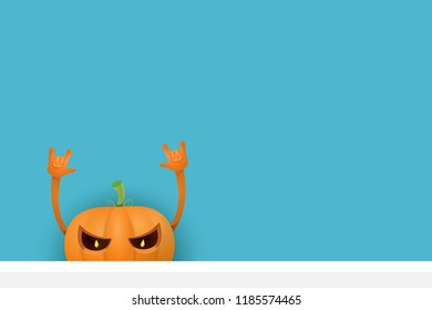 vector halloween funky rock n roll style cartoon carved pumpkin character isolated on azure wall horizontal banner background with space gor text . Happy halloween party concept poster