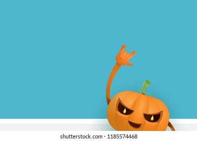 vector halloween funky rock n roll style cartoon carved pumpkin character isolated on azure wall horizontal banner background with space gor text . Happy halloween party concept poster