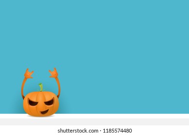 vector halloween funky rock n roll style cartoon carved pumpkin character isolated on azure wall horizontal banner background with space gor text . Happy halloween party concept poster