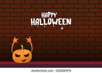 vector halloween funky rock n roll style cartoon carved pumpkin character isolated on brick wall horizontal banner background with space gor text . Happy halloween party concept poster