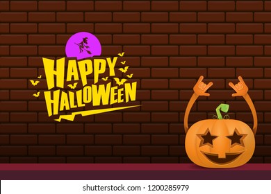 vector halloween funky rock n roll style cartoon carved pumpkin character isolated on brick wall horizontal banner background with space gor text . Happy halloween party concept poster