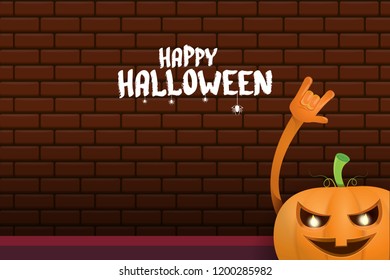 vector halloween funky rock n roll style cartoon carved pumpkin character isolated on brick wall horizontal banner background with space gor text . Happy halloween party concept poster