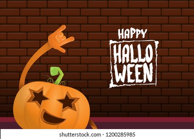 vector halloween funky rock n roll style cartoon carved pumpkin character isolated on brick wall horizontal banner background with space gor text . Happy halloween party concept poster