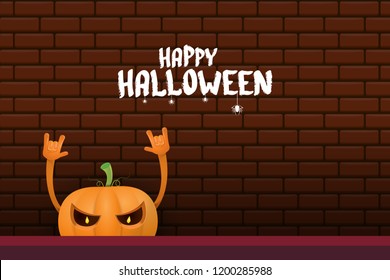 vector halloween funky rock n roll style cartoon carved pumpkin character isolated on brick wall horizontal banner background with space gor text . Happy halloween party concept poster
