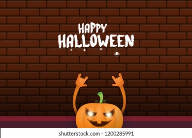 vector halloween funky rock n roll style cartoon carved pumpkin character isolated on brick wall horizontal banner background with space gor text . Happy halloween party concept poster
