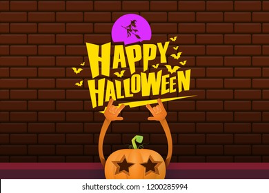 vector halloween funky rock n roll style cartoon carved pumpkin character isolated on brick wall horizontal banner background with space gor text . Happy halloween party concept poster
