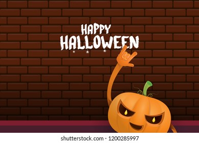 vector halloween funky rock n roll style cartoon carved pumpkin character isolated on brick wall horizontal banner background with space gor text . Happy halloween party concept poster
