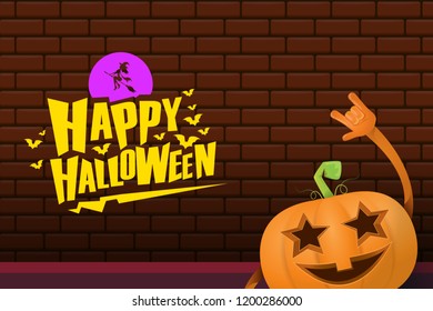 vector halloween funky rock n roll style cartoon carved pumpkin character isolated on brick wall horizontal banner background with space gor text . Happy halloween party concept poster
