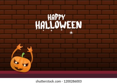 vector halloween funky rock n roll style cartoon carved pumpkin character isolated on brick wall horizontal banner background with space gor text . Happy halloween party concept poster