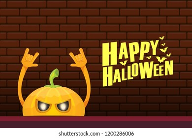 vector halloween funky rock n roll style cartoon carved pumpkin character isolated on brick wall horizontal banner background with space gor text . Happy halloween party concept poster