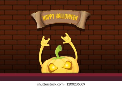 vector halloween funky rock n roll style cartoon carved pumpkin character isolated on brick wall horizontal banner background with space gor text . Happy halloween party concept poster